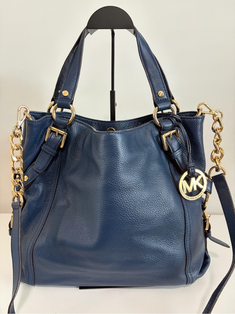 Michael Kors Navy Pebbled Leather Shoulder Tote with Gold Hardware